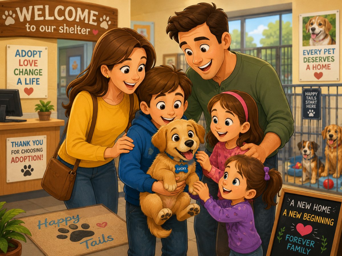 A happy family adopting a rescue puppy at the animal shelter